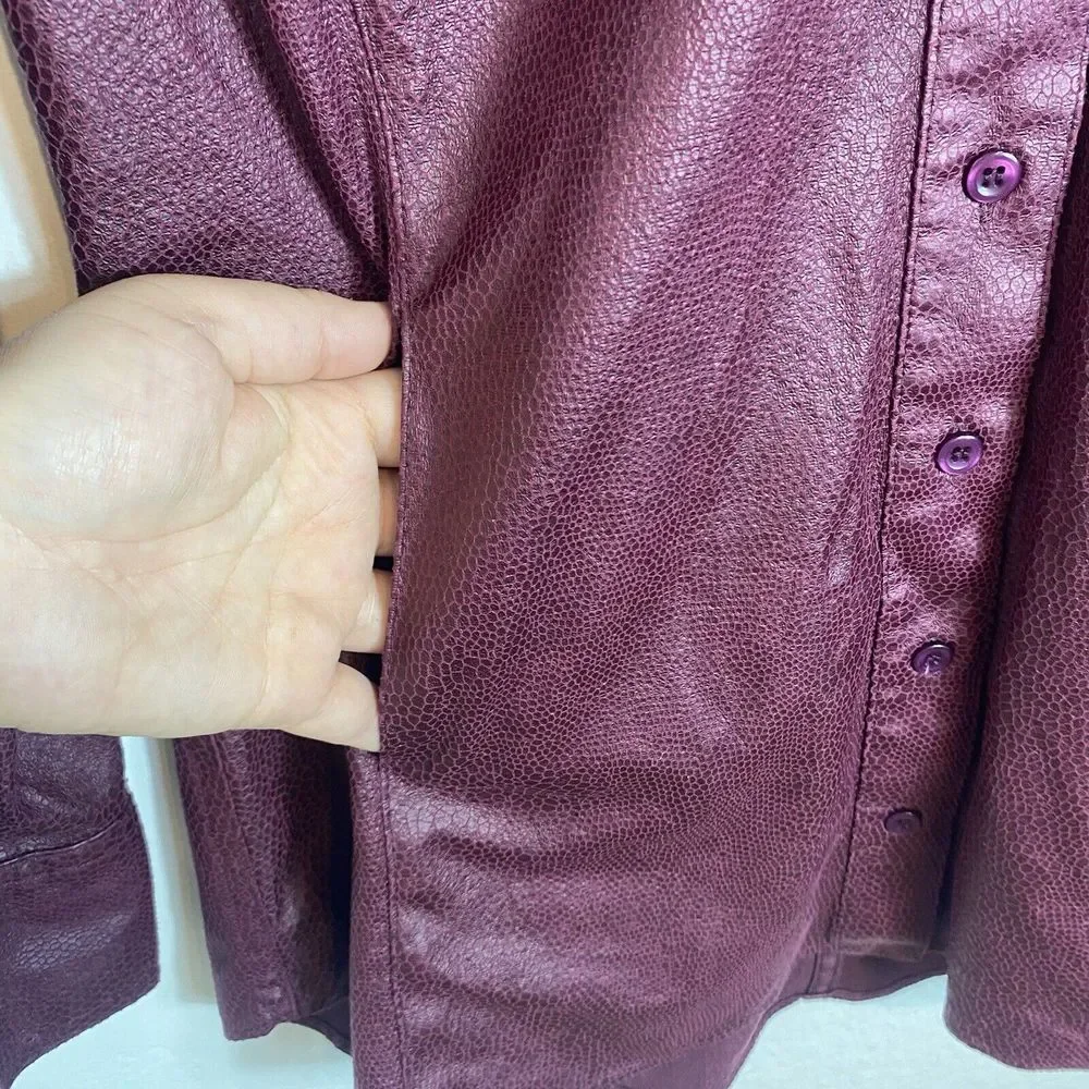 Chico's Medium Button Up Jacket Faux leather Burgundy Lightweight Animal Print‎